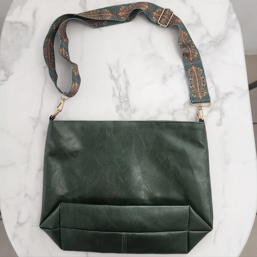 Unisex Army Green Tote Bag with Patterned Boho Strap - Picture 3 of 16